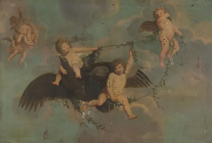 Framed Print : Putti with an Eagle on Clouds, c.1650. Creator: Anon Framed Print : Putti with an Eagle on Clouds, c.1650. Creator: Anon