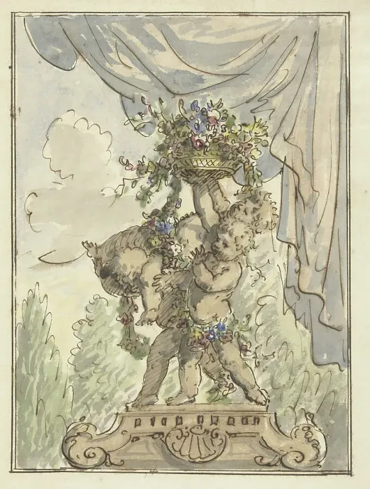 Framed Print : Three putti with a flower basket, 1677-1755. Creator: Elias van Nijmegen Framed Print : Three putti with a flower basket, 1677-1755. Creator: Elias van Nijmegen