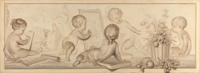 Framed Print : Six Putti with Flowers and Fruit and Attributes of the Art of Drawing, 1782. Creator: Juriaan Andriessen Framed Print : Six Putti with Flowers and Fruit and Attributes of the Art of Drawing, 1782. Creator: Juriaan Andriessen