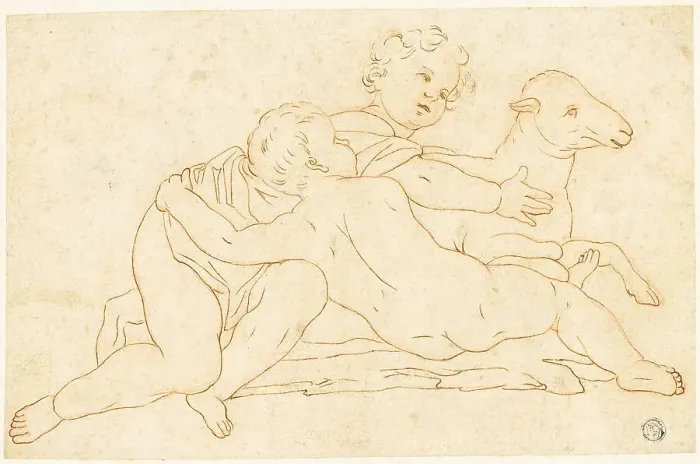 Framed Print : Two Putti with Lamb, n.d. Creator: School of Leonardo da Vinci Italian, 1452-1519 Framed Print : Two Putti with Lamb, n.d. Creator: School of Leonardo da Vinci Italian, 1452-1519