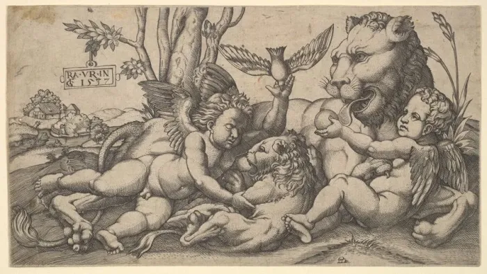 Framed Print : Putti and Lions, 1547. Creator: Master FG Framed Print : Putti and Lions, 1547. Creator: Master FG