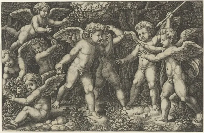 Framed Print : Eight putti playing, 1530-60. Creator: Master of the Die Framed Print : Eight putti playing, 1530-60. Creator: Master of the Die