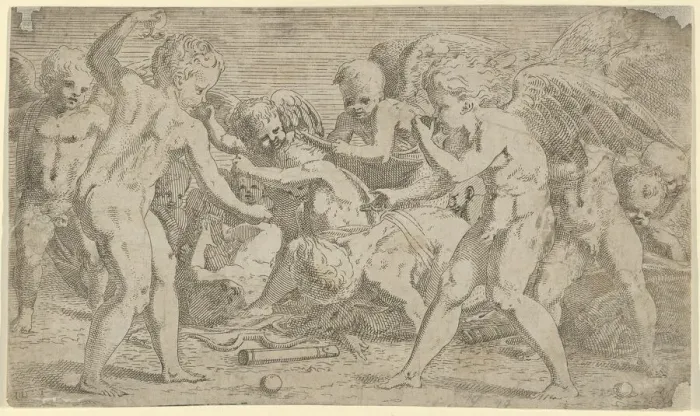 Framed Print : Putti playing, 1540-56. Creator: Leon Davent Framed Print : Putti playing, 1540-56. Creator: Leon Davent