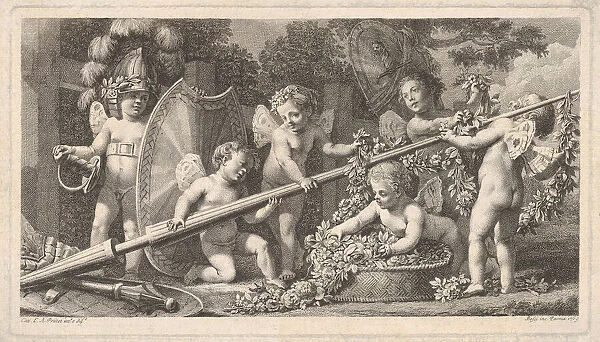 Six putti playing with the arms of Mars, four holding onto a large lance