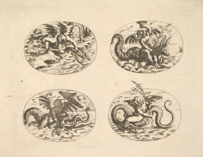 Framed Print : Putti with Sea Monsters, plates from the Neue Grotessken Buch, 1610 Framed Print : Putti with Sea Monsters, plates from the Neue Grotessken Buch, 1610