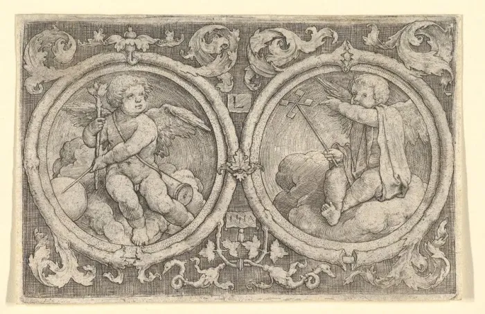 Framed Print : Two Putti Seated in Clouds in Circles with Tendrils, 1517. Creator: Lucas van Leyden Framed Print : Two Putti Seated in Clouds in Circles with Tendrils, 1517. Creator: Lucas van Leyden