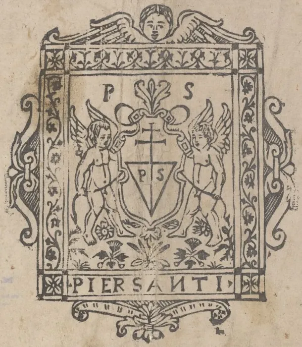 Framed Print : Two Putti with Shield Inscribed Pier Santi, 16th century. Creator: Unknown