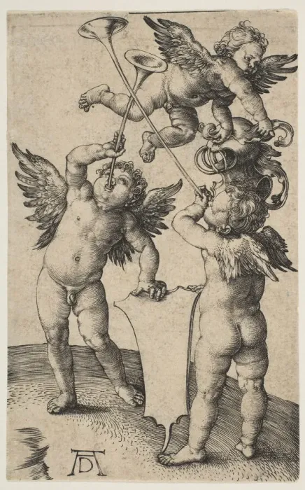 Framed Print : Three Putti with Trumpets, ca. 1500. Creator: Albrecht Durer Framed Print : Three Putti with Trumpets, ca. 1500. Creator: Albrecht Durer