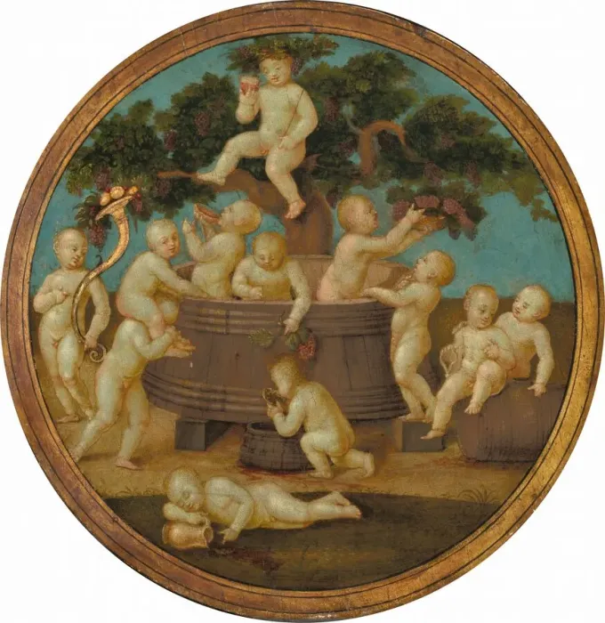 Framed Print : Putti with a Wine Press, c. 1500. Creator: Anon Framed Print : Putti with a Wine Press, c. 1500. Creator: Anon