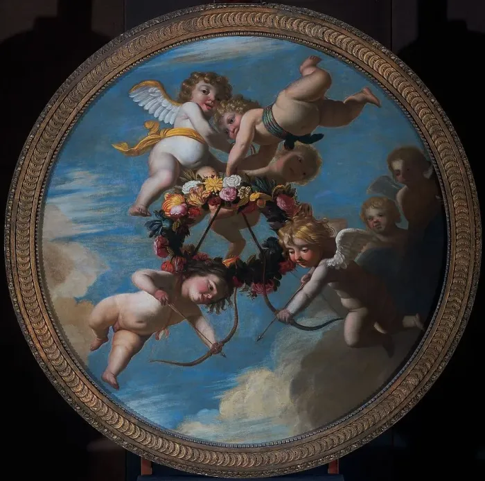 Framed Print : Putti with a Wreath of Flowers, c.1650. Creator: Workshop of Gerard van Honthorst Framed Print : Putti with a Wreath of Flowers, c.1650. Creator: Workshop of Gerard van Honthorst