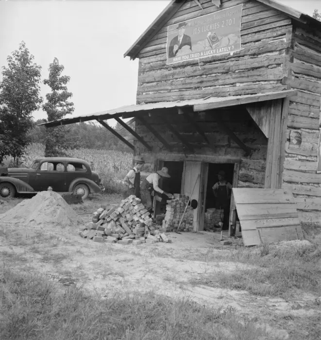 Framed Print : Putting in new flues in tobacco barn, Orange County, North Carolina, 1939. Creator: Dorothea Lange Framed Print : Putting in new flues in tobacco barn, Orange County, North Carolina, 1939. Creator: Dorothea Lange