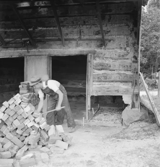 Framed Print : Putting in new flues in tobacco barn, Orange County, North Carolina, 1939. Creator: Dorothea Lange Framed Print : Putting in new flues in tobacco barn, Orange County, North Carolina, 1939. Creator: Dorothea Lange
