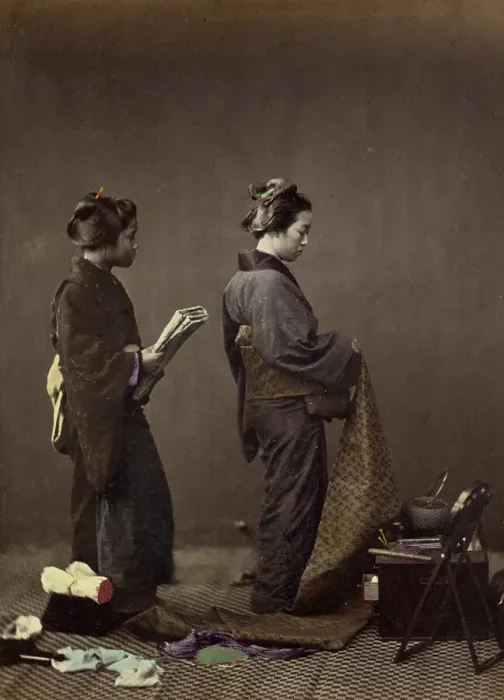 Framed Print : Putting on the Obi, or Girdle, 1866-1867. Creator: Felice Beato Framed Print : Putting on the Obi, or Girdle, 1866-1867. Creator: Felice Beato