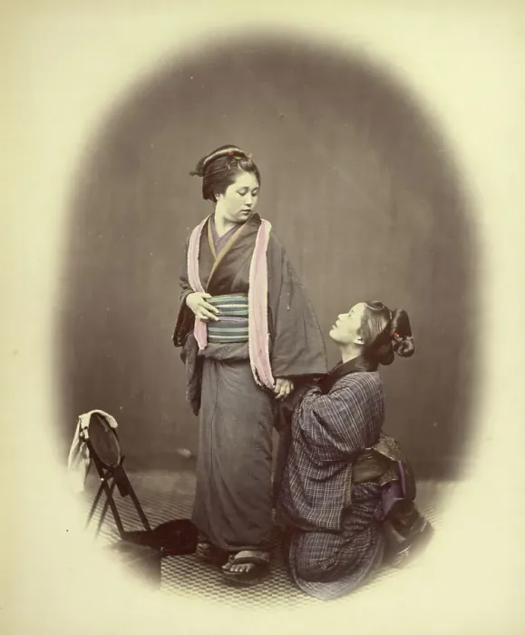 Framed Print : Putting on the Obi, or Gridle, 1866-1867. Creator: Felice Beato Framed Print : Putting on the Obi, or Gridle, 1866-1867. Creator: Felice Beato