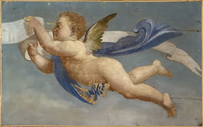 Framed Print : Putto holding parchment. Decorative painting, between 1801 and 1900. Creator: Unknown Framed Print : Putto holding parchment. Decorative painting, between 1801 and 1900. Creator: Unknown