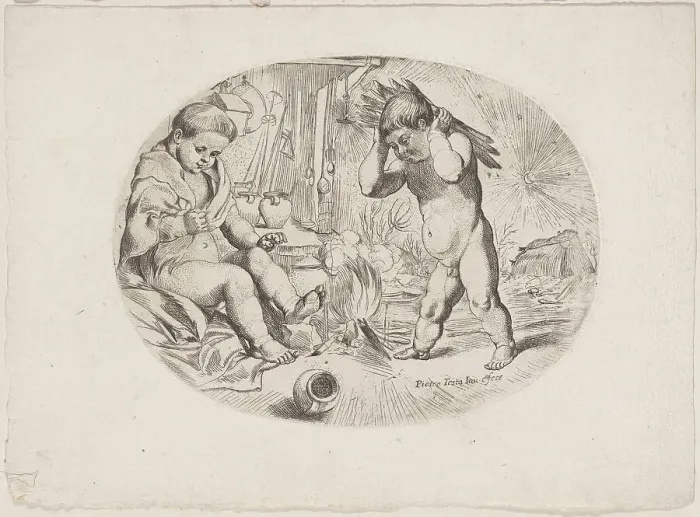Framed Print : Putto at left by a fire, another at right carrying wood, an allegory of the seasons, ca.1650-80. Creator: Anon Framed Print : Putto at left by a fire, another at right carrying wood, an allegory of the seasons, ca.1650-80. Creator: Anon