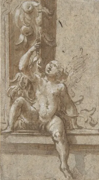 Framed Print : A Putto Seated on a Frame, ca. 1538-40. Creator: Girolamo Mazzola Bedoli Framed Print : A Putto Seated on a Frame, ca. 1538-40. Creator: Girolamo Mazzola Bedoli