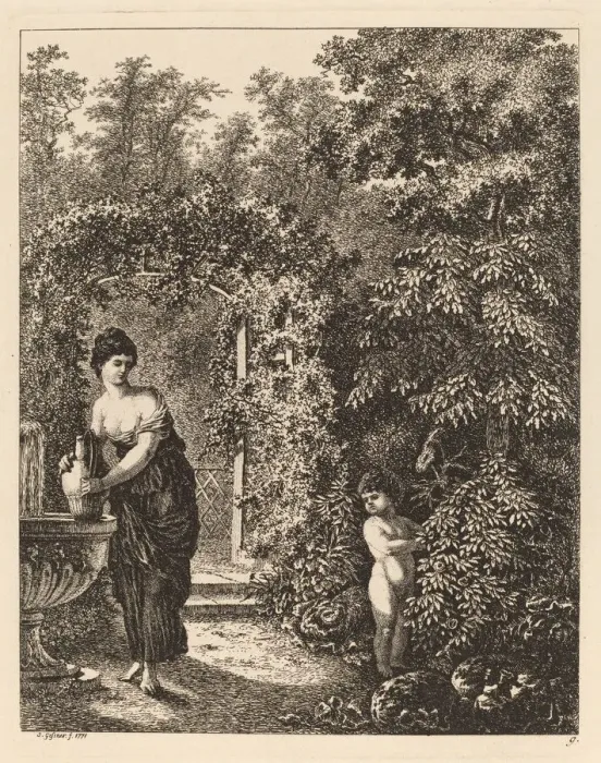 Framed Print : Putto Visiting a Girl at a Fountain, 1771. Creator: Salomon Gessner Framed Print : Putto Visiting a Girl at a Fountain, 1771. Creator: Salomon Gessner