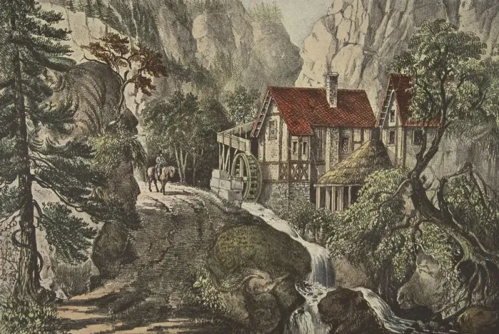Framed Print : Puzzle Picture - Old Swiss Mill, pub. 1872, Currier & Ives (Colour Lithograph) Framed Print : Puzzle Picture - Old Swiss Mill, pub. 1872, Currier & Ives (Colour Lithograph)
