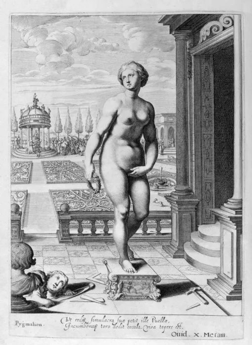 Framed Print : Pygmalion is enamoured with a statue he has made, 1655. Artist: Michel de Marolles