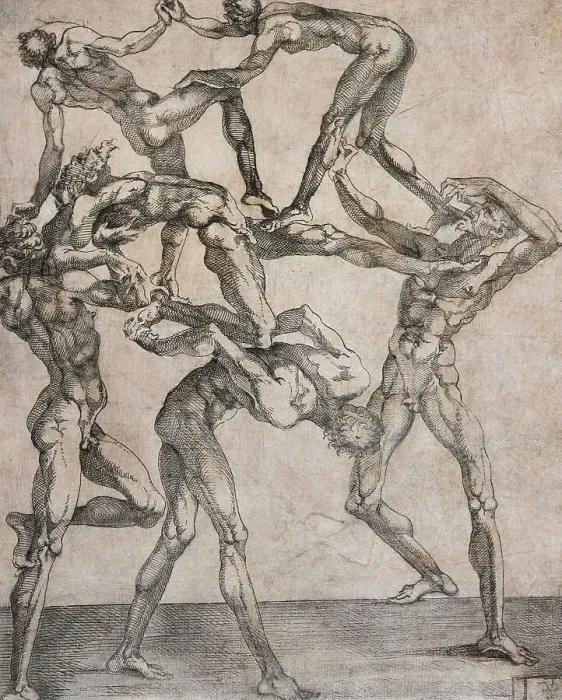 Framed Print : Pyramid of Six Men, mid-16th century. Creator: Juste de Juste Framed Print : Pyramid of Six Men, mid-16th century. Creator: Juste de Juste