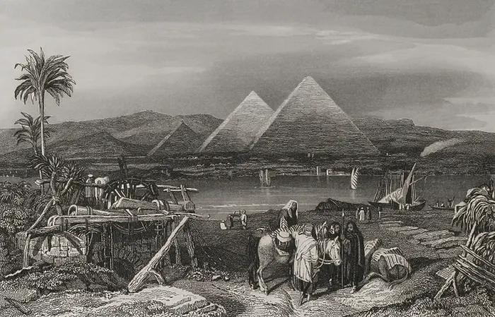 Framed Print : Pyramids from the banks of the Nile, Egypt, 1840. Creator: Emile Rouargue Framed Print : Pyramids from the banks of the Nile, Egypt, 1840. Creator: Emile Rouargue