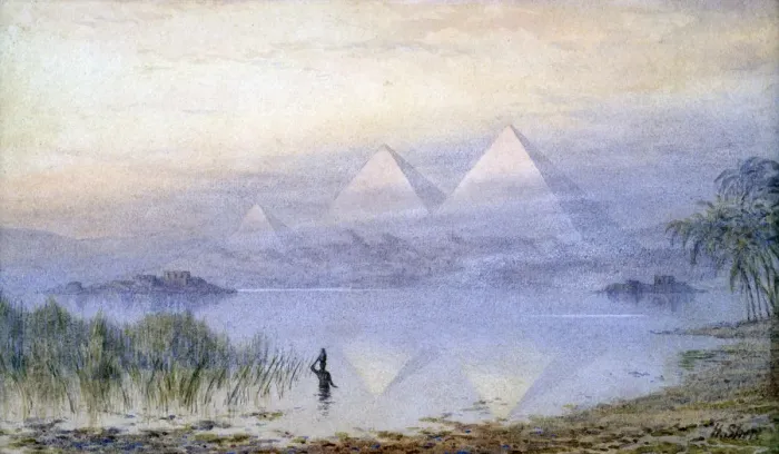Framed Print : The Pyramids During the Nile Flood, Egypt, 1888. Artist: Henry Noel Shore Framed Print : The Pyramids During the Nile Flood, Egypt, 1888. Artist: Henry Noel Shore