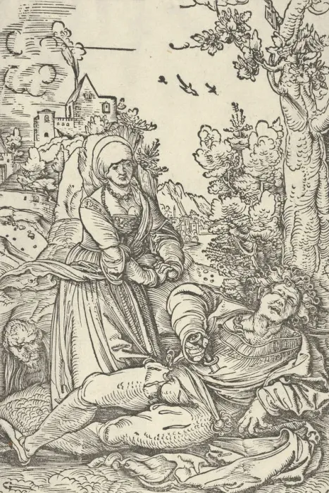 Framed Print : Pyramus and Thisbe, ca. 1509-10. Creator: Hans Schaufelein the Elder Framed Print : Pyramus and Thisbe, ca. 1509-10. Creator: Hans Schaufelein the Elder