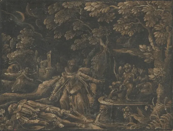 Framed Print : Pyramus and Thisbe, ca. 1580. Creator: Anon Framed Print : Pyramus and Thisbe, ca. 1580. Creator: Anon