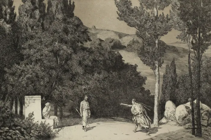 Framed Print : Pyramus and Thisbe II (From the series Opus II), 1879. Artist: Klinger, Max (1857-1920) Framed Print : Pyramus and Thisbe II (From the series Opus II), 1879. Artist: Klinger, Max (1857-1920)