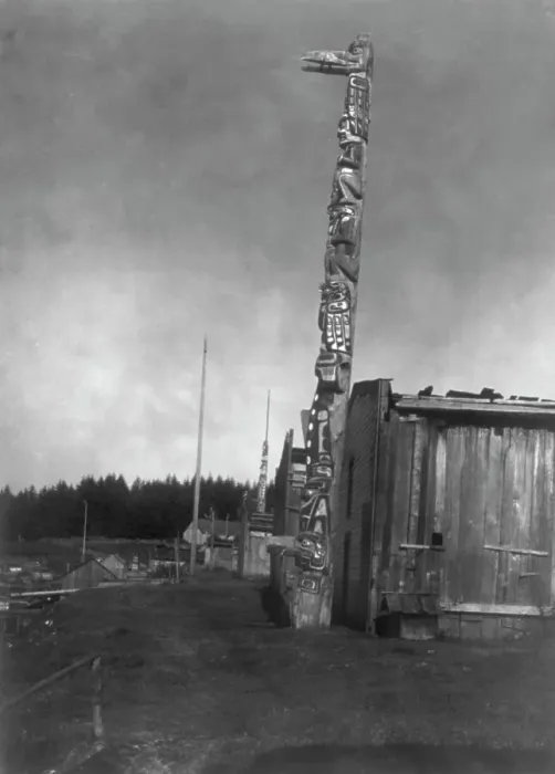 Framed Print : Qagyuhl village at Fort Rupert, c1914. Creator: Edward Sheriff Curtis Framed Print : Qagyuhl village at Fort Rupert, c1914. Creator: Edward Sheriff Curtis