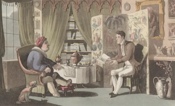 Framed Print : Quae Genus Reading to Sir Jeffery Gourmand, from The History of Johnny Quae Genu Framed Print : Quae Genus Reading to Sir Jeffery Gourmand, from The History of Johnny Quae Genu