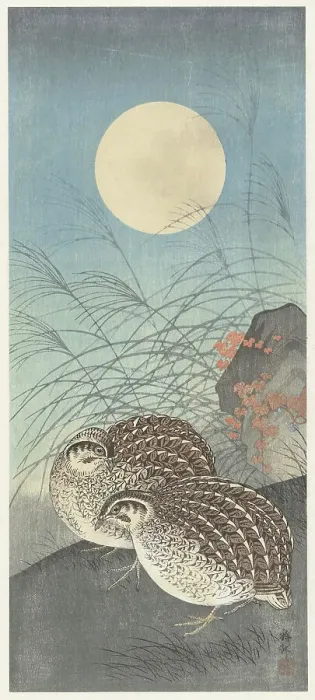 Framed Print : Two quail at full moon. Creator: Ohara, Koson (1877-1945) Framed Print : Two quail at full moon. Creator: Ohara, Koson (1877-1945)