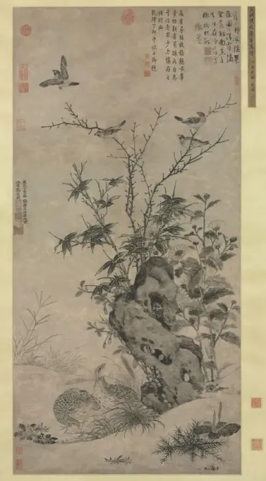 Framed Print : Quails and Sparrows in an Autumn Scene, 1347. Creator: Wang Yuan (Chinese, c. 1299-after 1366) Framed Print : Quails and Sparrows in an Autumn Scene, 1347. Creator: Wang Yuan (Chinese, c. 1299-after 1366)