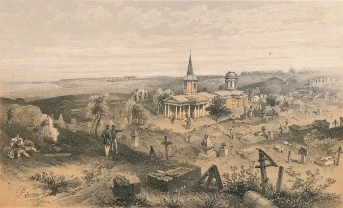 Framed Print : Quarantine Cemetery and Church with French Battery No. 50, 1856. Artist: Georges McCulloch Framed Print : Quarantine Cemetery and Church with French Battery No. 50, 1856. Artist: Georges McCulloch