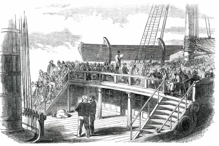 Framed Print : Quarter-Deck of an Emigrant Ship - Roll-Call, 1850. Creator: Unknown Framed Print : Quarter-Deck of an Emigrant Ship - Roll-Call, 1850. Creator: Unknown