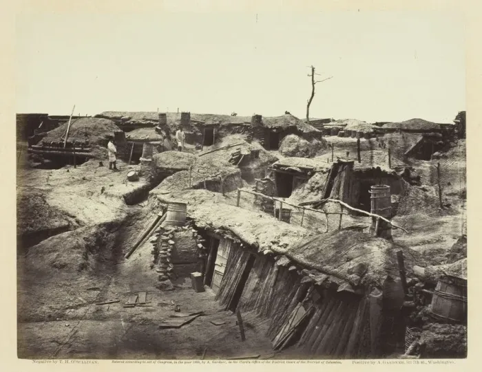 Framed Print : Quarters of Men in Fort Sedgwick, May 1865. Creator: Alexander Gardner Framed Print : Quarters of Men in Fort Sedgwick, May 1865. Creator: Alexander Gardner