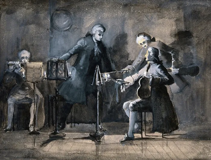 Framed Print : A quartet of musicians tuning up; two violinists point to their scores with their bows. Creator: Unknown Framed Print : A quartet of musicians tuning up; two violinists point to their scores with their bows. Creator: Unknown