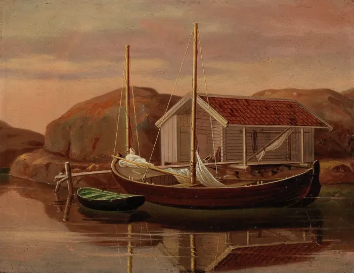 Framed Print : Quay and Boat Shed, 1850. Creator: Wilhelm von Wright Framed Print : Quay and Boat Shed, 1850. Creator: Wilhelm von Wright