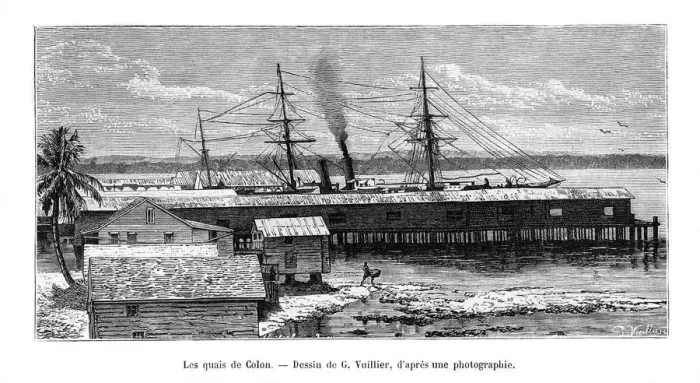 Framed Print : Quays at Colon, Panama, 19th century. Artist: Vuillier Framed Print : Quays at Colon, Panama, 19th century. Artist: Vuillier