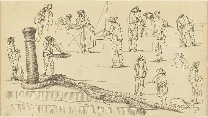 Framed Print : Quayside Figures and a Length of Rope Attached to a Bollard. Creator: Claude-Joseph Vernet Framed Print : Quayside Figures and a Length of Rope Attached to a Bollard. Creator: Claude-Joseph Vernet