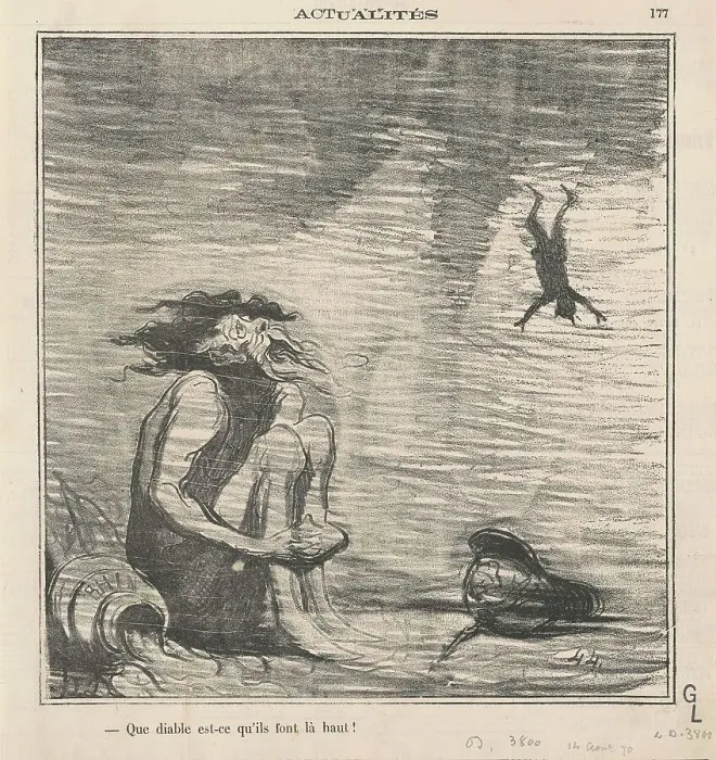 Framed Print : Que diable est-ce qu'ils font la-haut!, 19th century. Creator: Honore Daumier