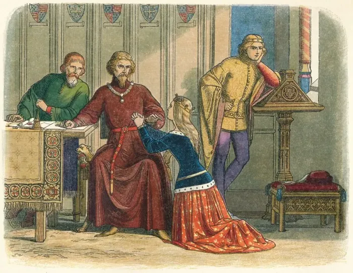 Framed Print : Queen Anne intercedes from Sir Simon Burley, 1388 (1864). Artist: James William Edmund Doyle Framed Print : Queen Anne intercedes from Sir Simon Burley, 1388 (1864). Artist: James William Edmund Doyle