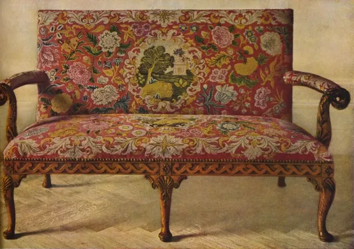 Framed Print : A Queen Anne Settee Upholstered in Petit Point, c1900, (1936) Framed Print : A Queen Anne Settee Upholstered in Petit Point, c1900, (1936)