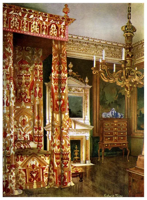 Framed Print : Queen Annes bed, chest of drawers upon a stand and a wooden candelabra, 1910. Artist: Edwin Foley Framed Print : Queen Annes bed, chest of drawers upon a stand and a wooden candelabra, 1910. Artist: Edwin Foley