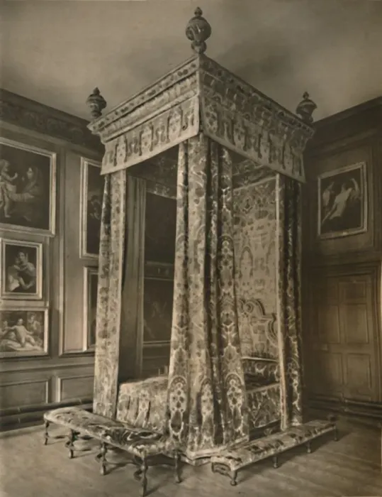 Framed Print : Queen Annes State Bedstead in Crimson and Gold Figured Velvet, 1927. Artists: Edward F Strange Framed Print : Queen Annes State Bedstead in Crimson and Gold Figured Velvet, 1927. Artists: Edward F Strange