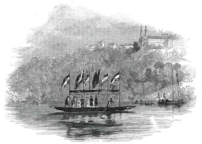 Framed Print : The Queen crossing the Maine, at Langfort, Bavaria, 1845. Creator: Unknown Framed Print : The Queen crossing the Maine, at Langfort, Bavaria, 1845. Creator: Unknown