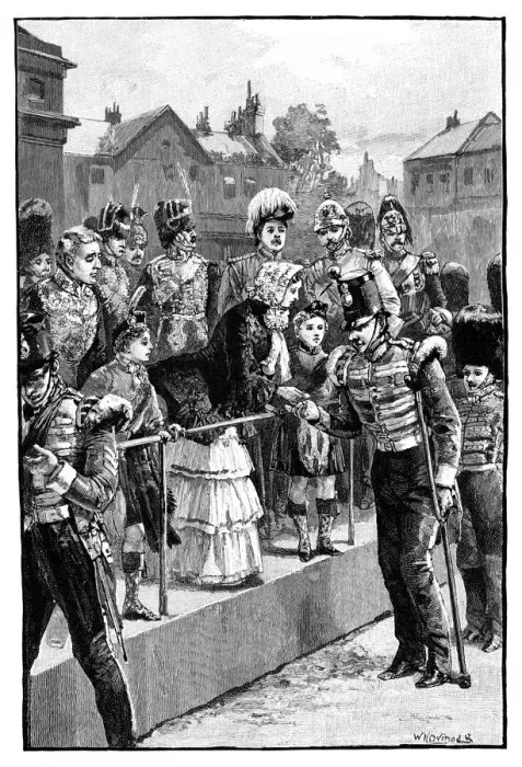 Framed Print : The Queen distributing the Crimea Medal, Horseguards Parade, London, c1850s, (1888) Framed Print : The Queen distributing the Crimea Medal, Horseguards Parade, London, c1850s, (1888)
