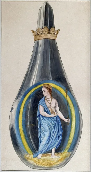 Framed Print : A queen dressed in blue, representing mercury, in a crowned alchemical flask, 1900-1909. Creator: Edith Annie Ibbs Framed Print : A queen dressed in blue, representing mercury, in a crowned alchemical flask, 1900-1909. Creator: Edith Annie Ibbs