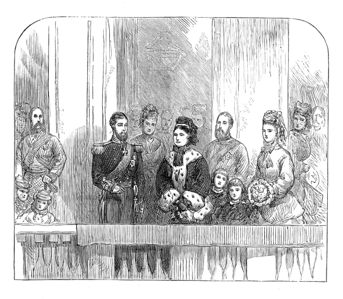 Framed Print : The Queen and Duke and Duchess of Edinburgh at the balcony at Buckingham Palace, 1874. Creator: Unknown Framed Print : The Queen and Duke and Duchess of Edinburgh at the balcony at Buckingham Palace, 1874. Creator: Unknown